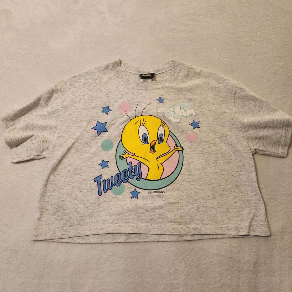 Vintage 1996 Space Jam Tweety Bird Crop Top T-Shirt Grey Size M EUC Made in USA